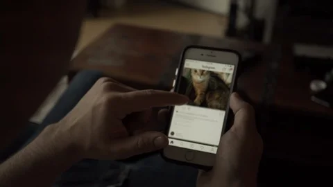 Young man using Instagram social media app, following influencers Stock Footage 106424116