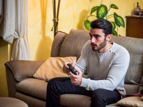 Young man using joystick or joypad for videogames Stock Photos