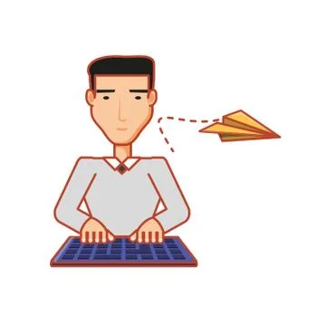 Young man using keyboard and airplane paper Stock Illustration