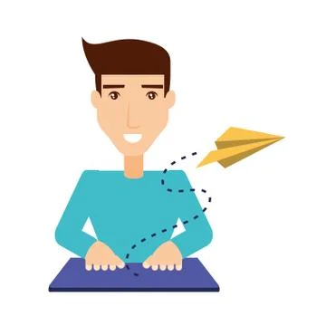 Young man using keyboard and airplane paper Stock Illustration
