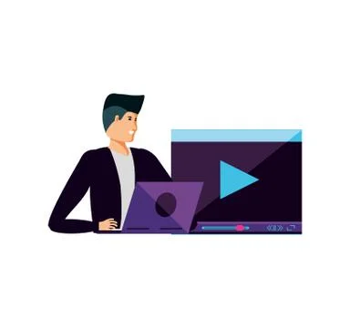 Young man using laptop and media player template Stock Illustration
