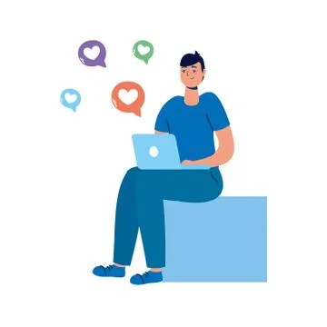 Young man using laptop and social media tech Illustrazione stock