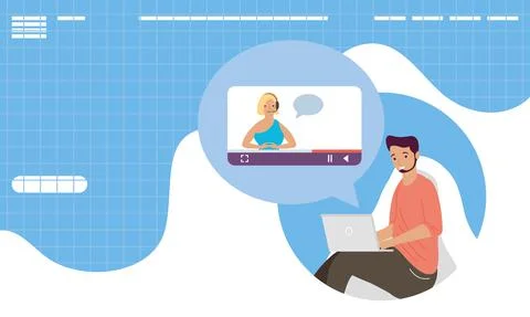 Young man using laptop and video conference template online learning Stock Illustration