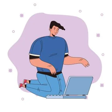 Young man using laptop avatar character 스톡 일러스트