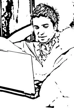 Young man using laptop in bed Sketch vector Sketch vector Illustrazione stock