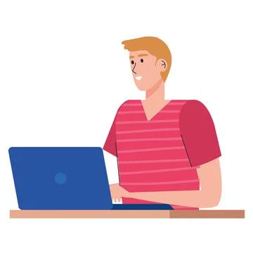 Young man using laptop character Illustrazione stock