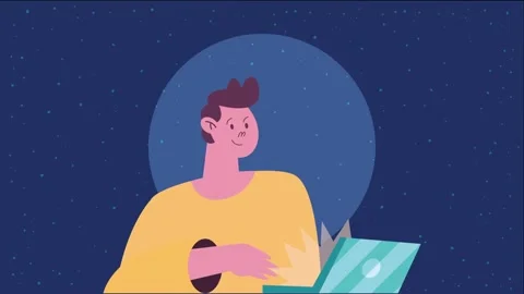 Young man using laptop computer at night against starry sky animation in fl.. Stock Footage 333606113