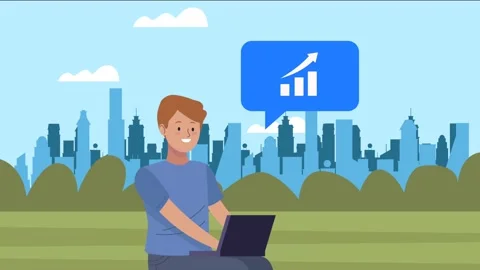Young man using laptop computer for financial growth analysis in city park .. Stock Footage 339269971