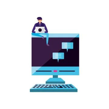 Young man using laptop computer with desktop Stock Illustration