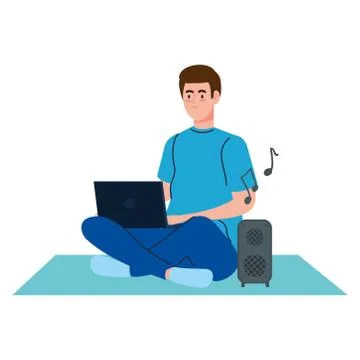 Young man using laptop computer on white background Stock Illustration