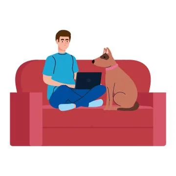 Young man using laptop computer with dog pet on white background Stock Illustration