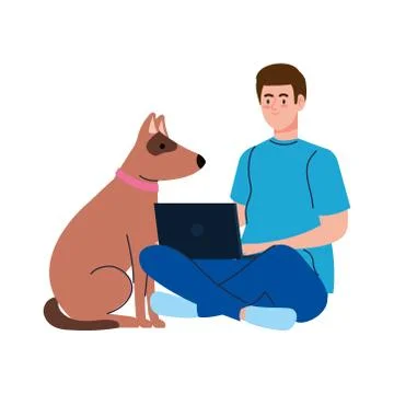 Young man using laptop computer with dog pet on white background Stock Illustration