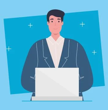 Young man using laptop computer on blue background Ilustração Stock