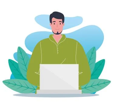 Young man using laptop computer with tropical leaves Stock Illustration