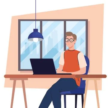 Young man using laptop computer in desk, working online Stock Illustration