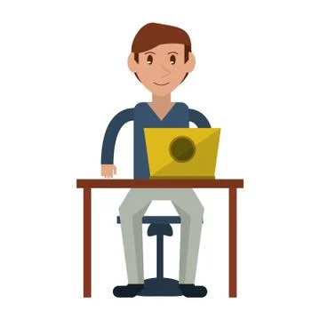 Young man using laptop on desk Stock Illustration