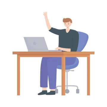 Young man using laptop on desk isolated design white background イラスト素材