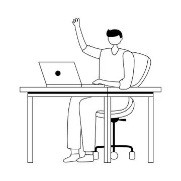 Young man using laptop on desk isolated design white background line style Stock Illustration