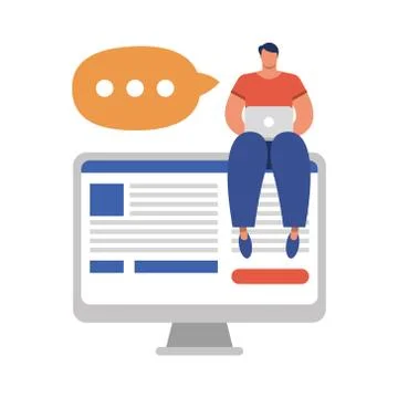 Young man using laptop in desktop connecting technology character Stock Illustration