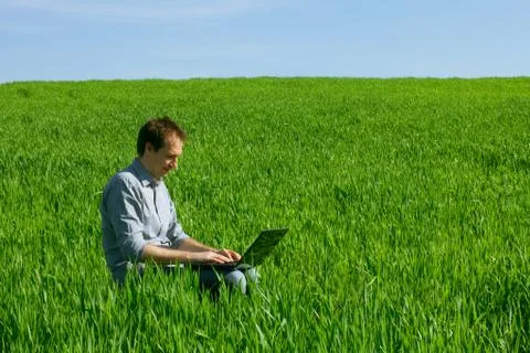 Young man using laptop in the field Stock Photos