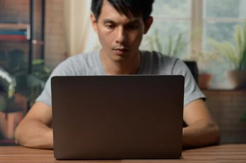 Young Man Using Laptop at Home in Cozy Living Room with Plants and Natural .. Stock Photos