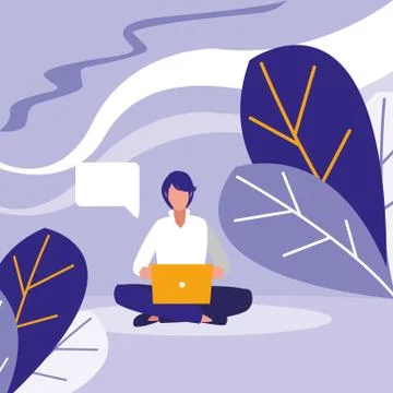 Young man using laptop in the landscape 스톡 일러스트