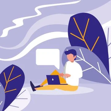 Young man using laptop in the landscape Illustrazione stock