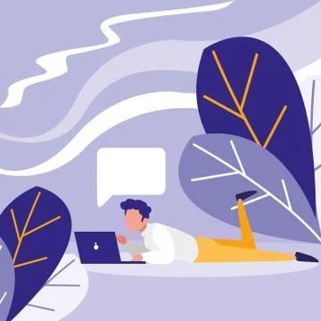 Young man using laptop in the landscape Illustrazione stock