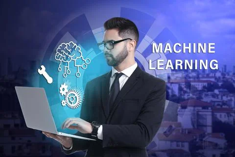 Young man using laptop with machine learning model and cityscape on backgroun Stock Photos