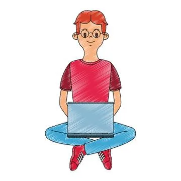 Young man using laptop scribble 스톡 일러스트