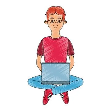 Young man using laptop scribble Stock Illustration