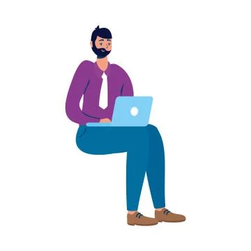 Young man using laptop seated character Illustrazione stock