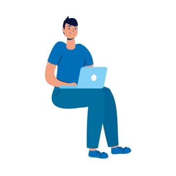 Young man using laptop seated character Stock Illustration