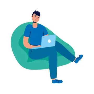 Young man using laptop seated in sofa Illustrazione stock