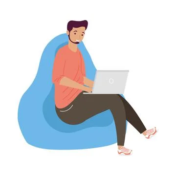 Young man using laptop seated in sofa online learning イラスト素材