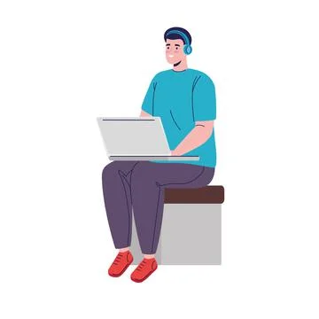 Young man using laptop seated Stock Illustration