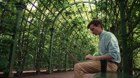 Young man using laptop sitting on bench at city park. Summer day Video stock 77169125