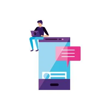 Young man using laptop with smartphone 스톡 일러스트
