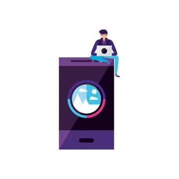 Young man using laptop with smartphone Stock Illustration