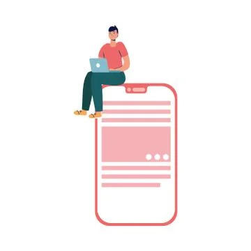 Young man using laptop in smartphone connecting technology character 스톡 일러스트