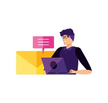 Young man using laptop with speech bubble and email Stock Illustration