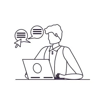Young man using laptop with speech bubble Illustrazione stock