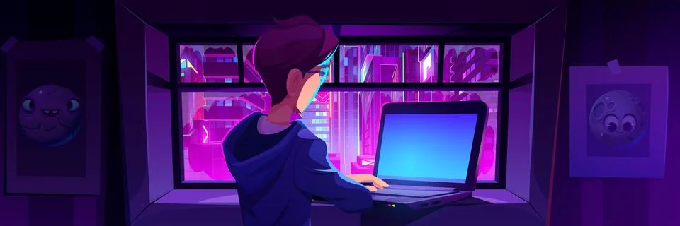 Young man using laptop standing by window at night Stock Illustration