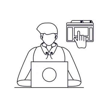 Young man using laptop in webpage template Stock Illustration