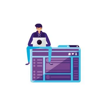 Young man using laptop in webpage template Illustrazione stock