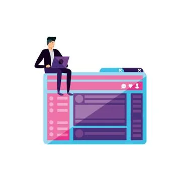 Young man using laptop in webpage template Stock Illustration