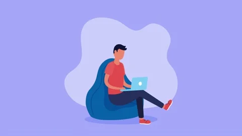 Young man using laptop while sitting on blue bean bag chair animation on pu.. Stock Footage 333897017