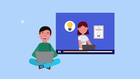 Young man using laptop while watching educational video with female teacher.. Stock Footage 334268403
