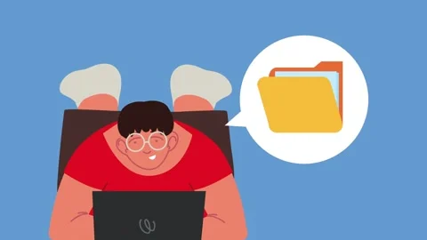 Young man using laptop while lying down with file folder bubble icon. Stock Footage 338420584