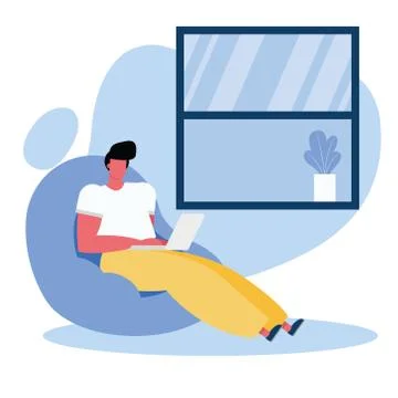 Young man using laptop working in the livingroom Stock Illustration